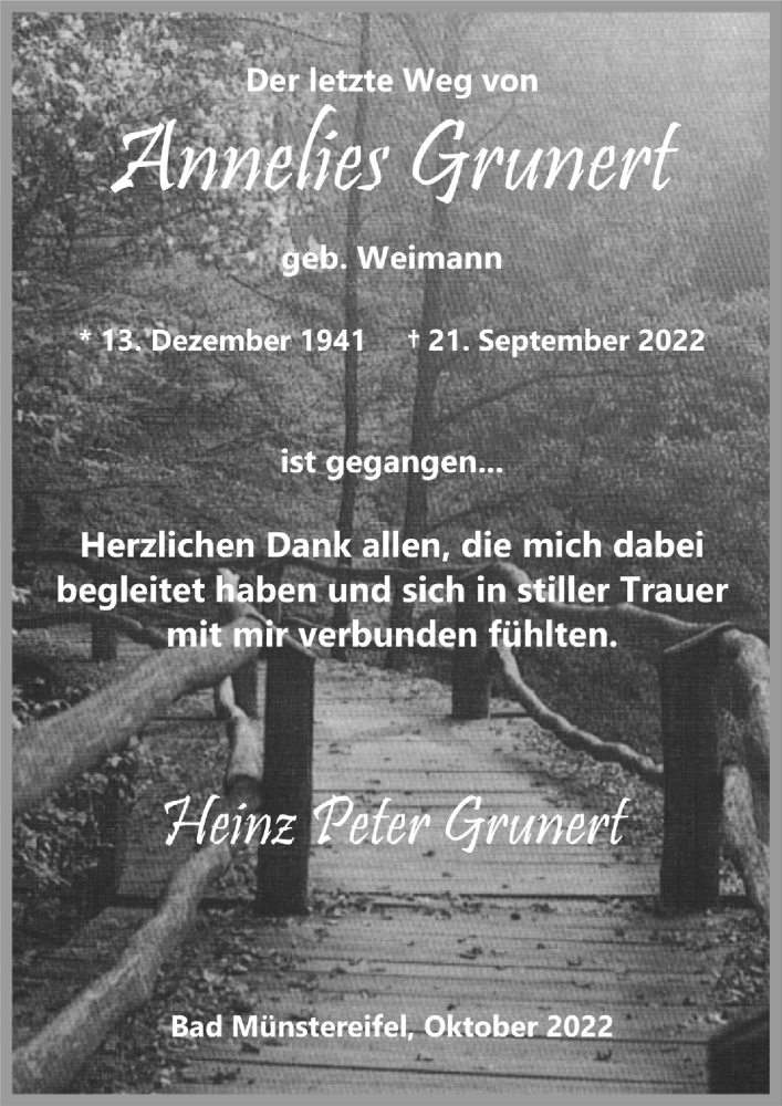  Traueranzeige für Annelies Grunert vom 15.10.2022 aus  Blickpunkt Euskirchen 