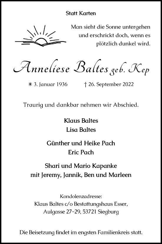 Anzeige von Anneliese Baltes von Kölner Stadt-Anzeiger / Kölnische Rundschau / Express