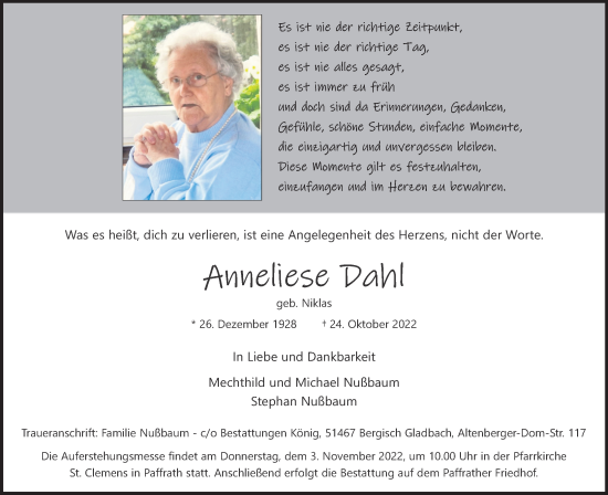 Anzeige von Anneliese Dahl von Kölner Stadt-Anzeiger / Kölnische Rundschau / Express