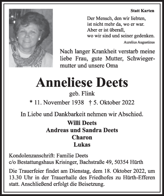 Anzeige von Anneliese Deets von  Wochenende 