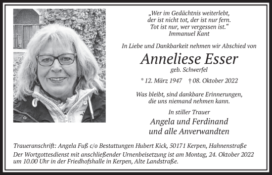Anzeige von Anneliese Esser von  Werbepost 
