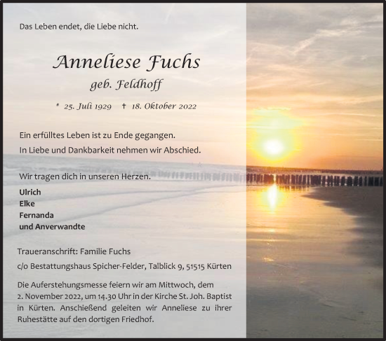 Anzeige von Anneliese Fuchs von Kölner Stadt-Anzeiger / Kölnische Rundschau / Express