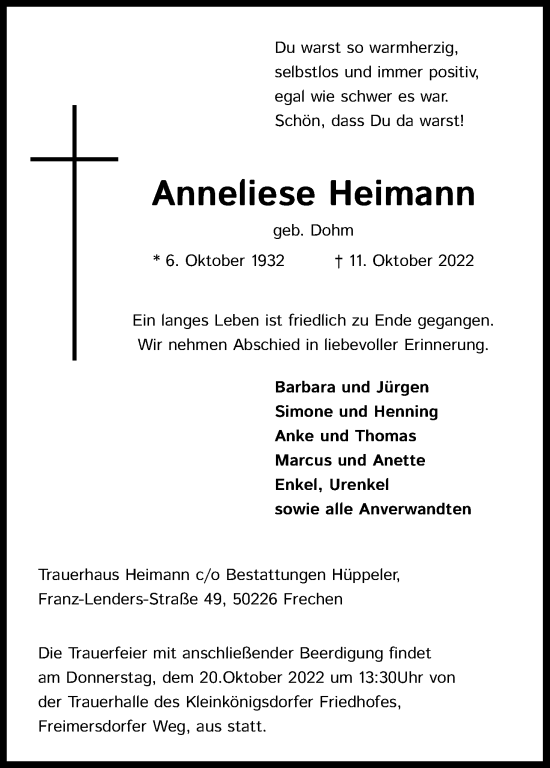Anzeige von Anneliese Heimann von Kölner Stadt-Anzeiger / Kölnische Rundschau / Express