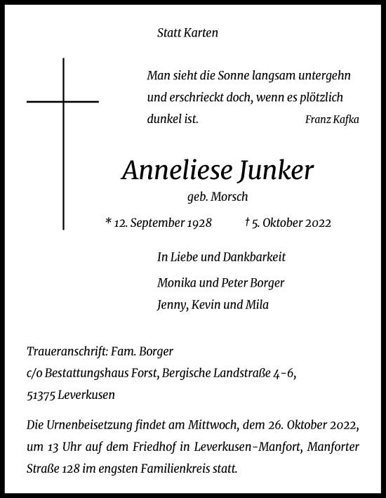 Anzeige von Anneliese Junker von Kölner Stadt-Anzeiger / Kölnische Rundschau / Express