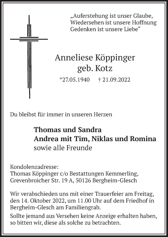 Anzeige von Anneliese Köppinger von  Werbepost 