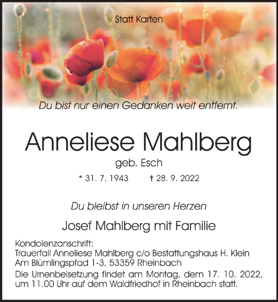 Anzeige von Anneliese Mahlberg von  Schaufenster/Blickpunkt 