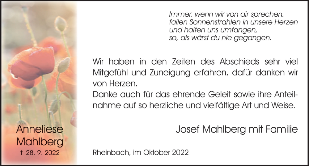  Traueranzeige für Anneliese Mahlberg vom 28.10.2022 aus  Schaufenster/Blickpunkt 