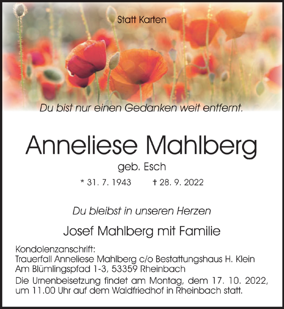  Traueranzeige für Anneliese Mahlberg vom 07.10.2022 aus  Schaufenster/Blickpunkt 