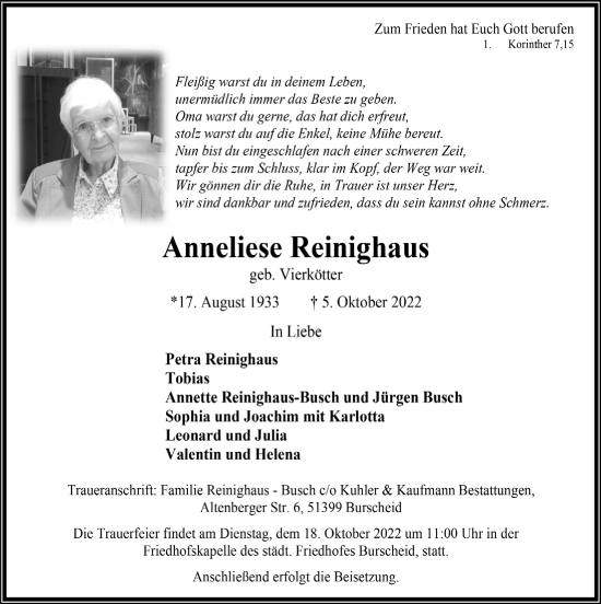 Anzeige von Anneliese Reinighaus von  Lokale Informationen 