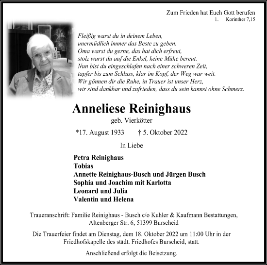 Anzeige von Anneliese Reinighaus von Kölner Stadt-Anzeiger / Kölnische Rundschau / Express