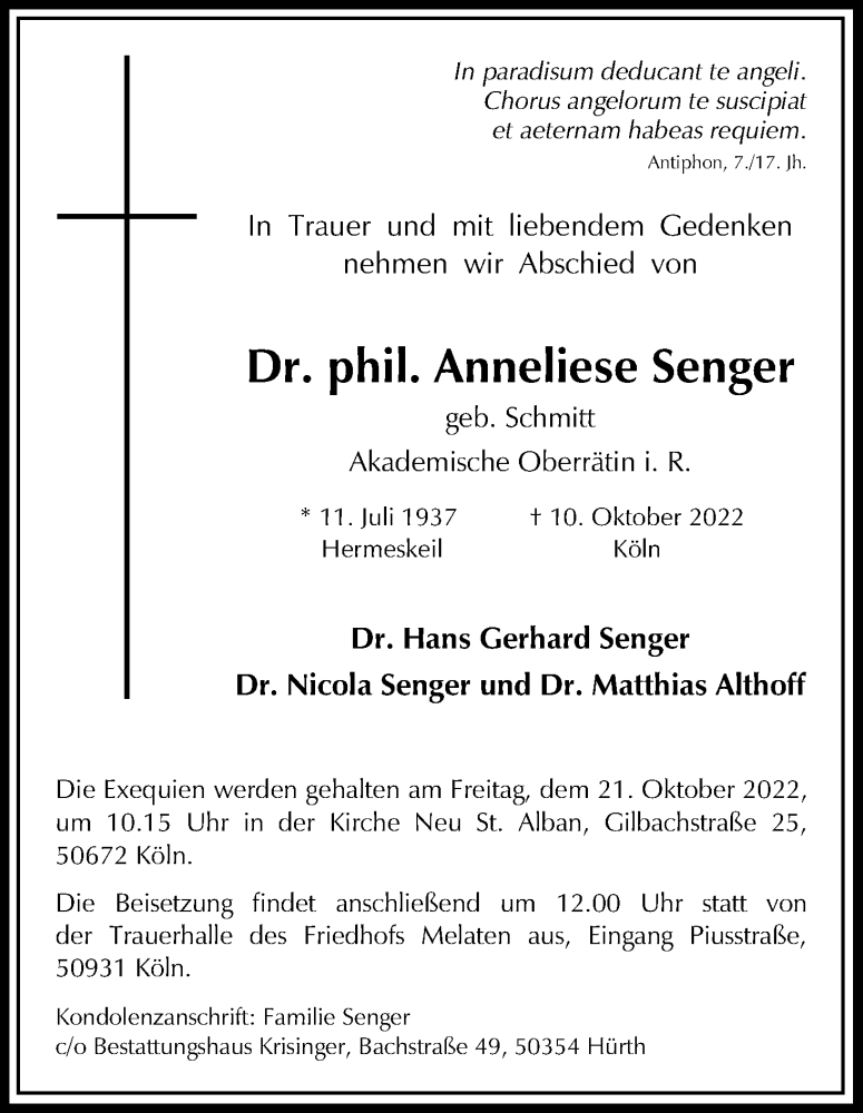  Traueranzeige für Anneliese Senger vom 15.10.2022 aus Kölner Stadt-Anzeiger / Kölnische Rundschau / Express