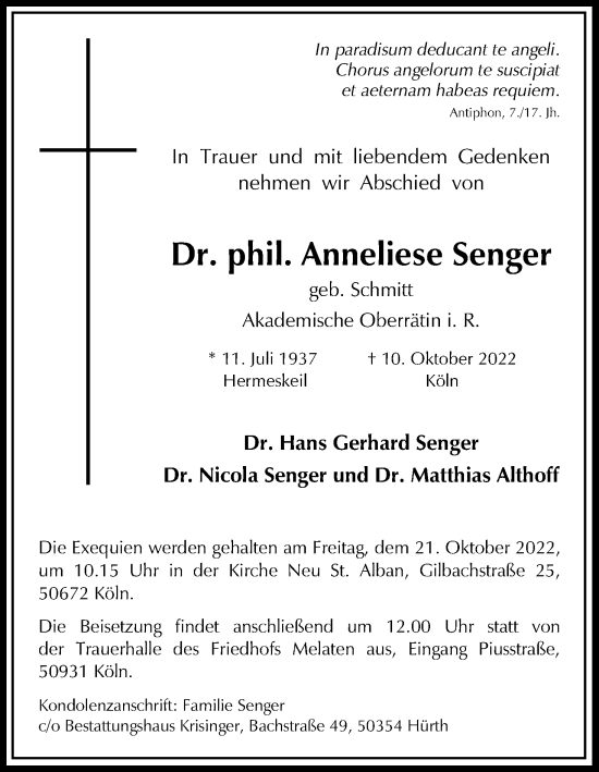 Anzeige von Anneliese Senger von Kölner Stadt-Anzeiger / Kölnische Rundschau / Express