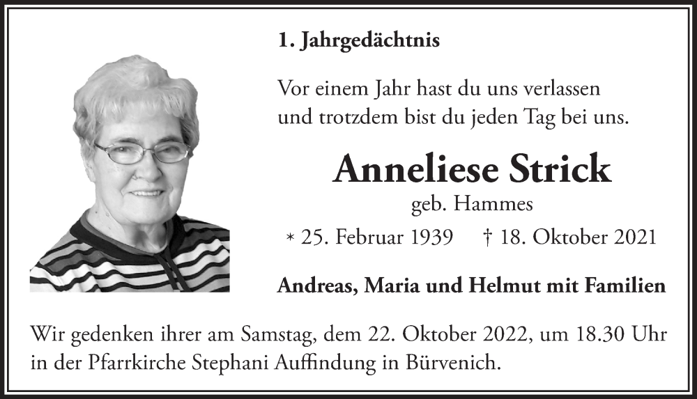  Traueranzeige für Anneliese Strick vom 15.10.2022 aus  Blickpunkt Euskirchen 