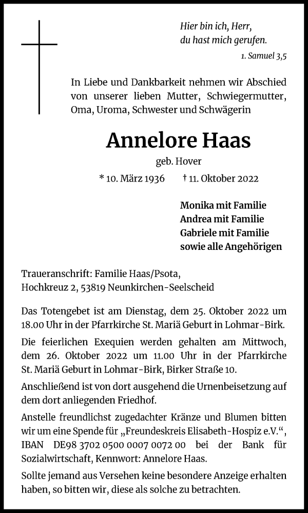  Traueranzeige für Annelore Haas vom 22.10.2022 aus Kölner Stadt-Anzeiger / Kölnische Rundschau / Express