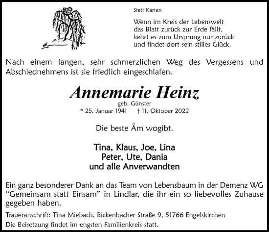 Anzeige von Annemarie Heinz von  Anzeigen Echo 