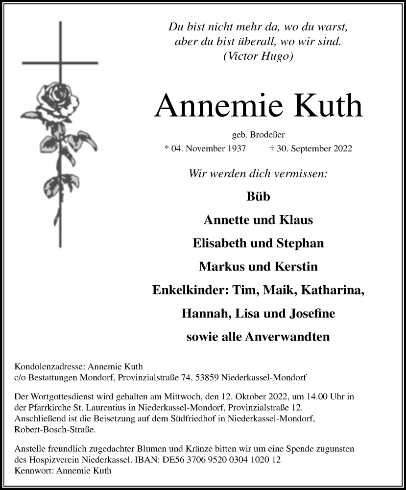  Traueranzeige für Annemie Kuth vom 08.10.2022 aus Kölner Stadt-Anzeiger / Kölnische Rundschau / Express