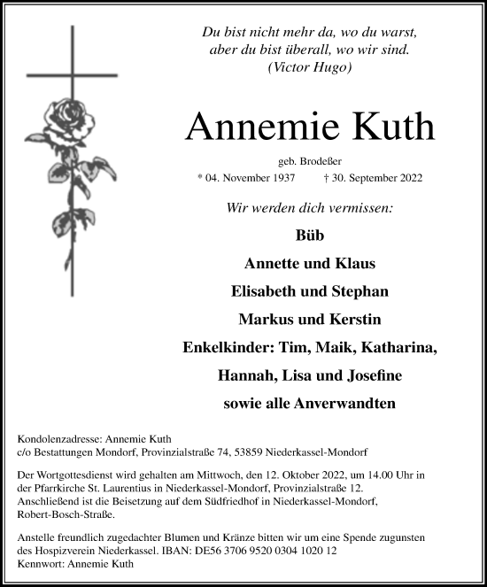 Anzeige von Annemie Kuth von Kölner Stadt-Anzeiger / Kölnische Rundschau / Express
