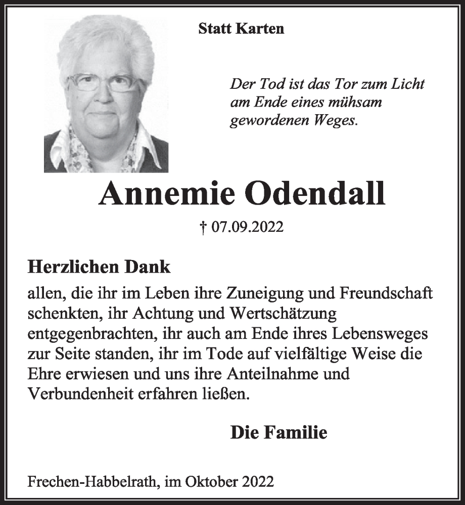  Traueranzeige für Annemie Odendall vom 14.10.2022 aus  Wochenende 