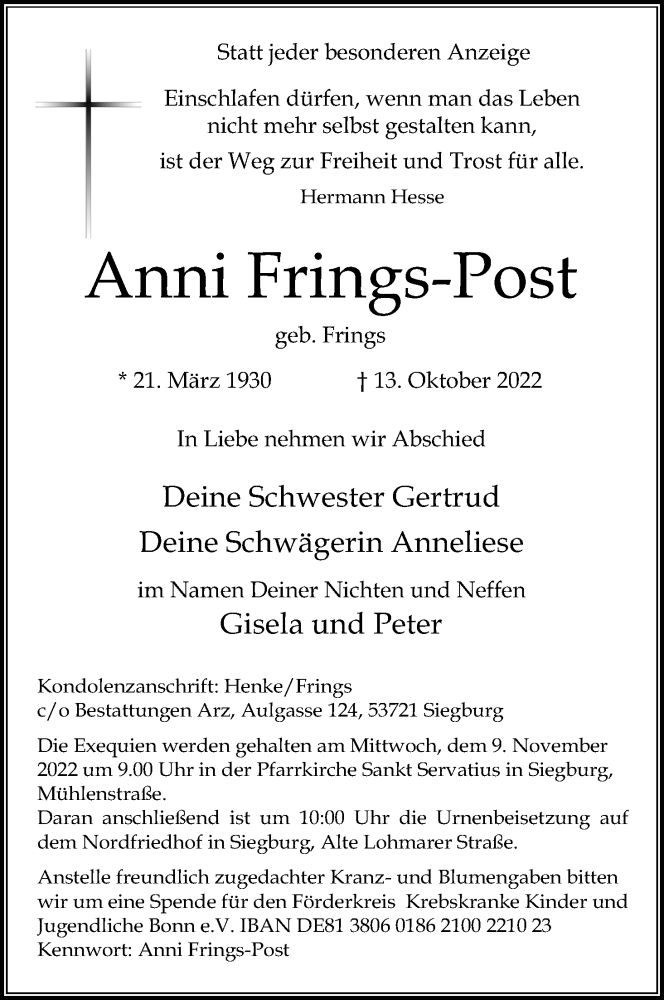 Traueranzeige für Anni Frings-Post vom 29.10.2022 aus Kölner Stadt-Anzeiger / Kölnische Rundschau / Express