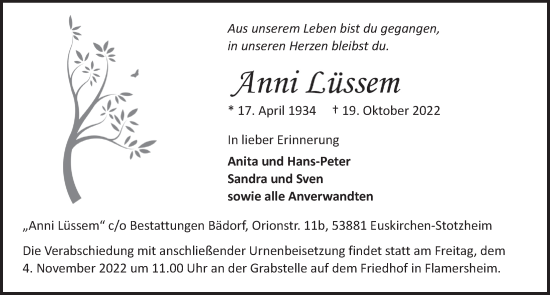 Anzeige von Anni Lüssem von  Blickpunkt Euskirchen 