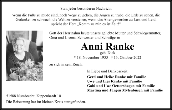 Anzeige von Anni Ranke von  Lokalanzeiger 