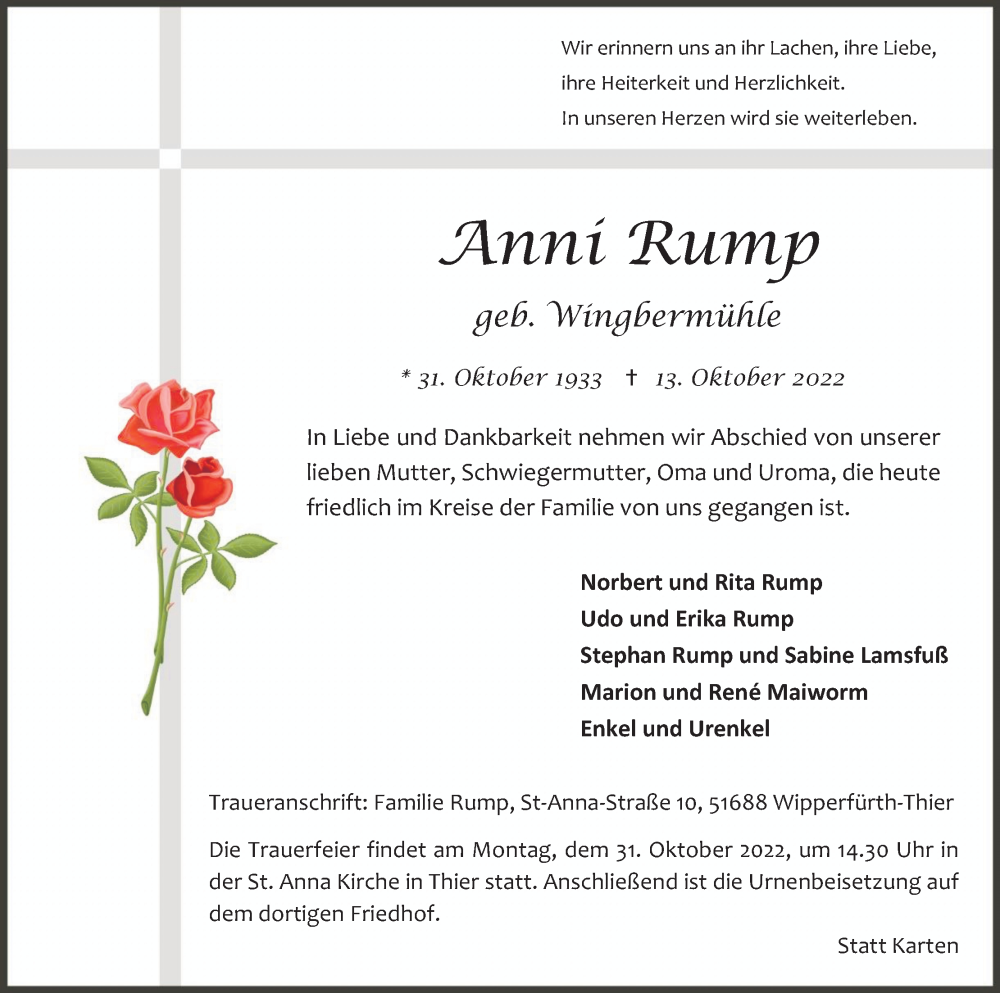  Traueranzeige für Anni Rump vom 22.10.2022 aus Kölner Stadt-Anzeiger / Kölnische Rundschau / Express
