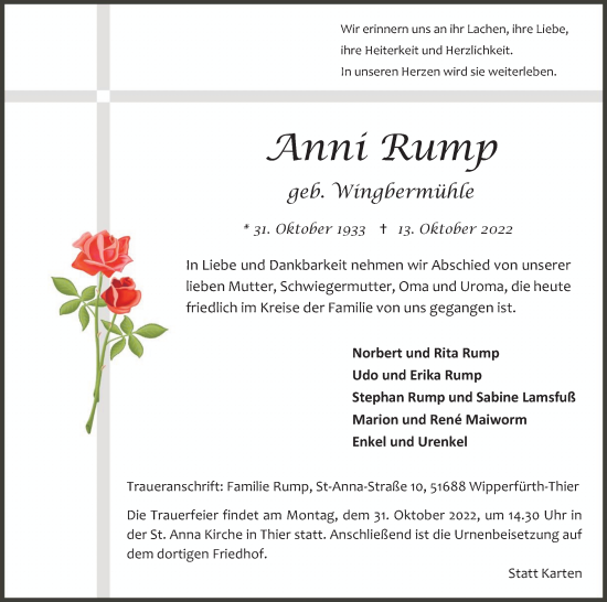 Anzeige von Anni Rump von Kölner Stadt-Anzeiger / Kölnische Rundschau / Express