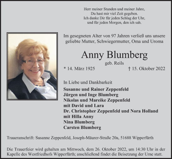 Anzeige von Anny Blumberg von Kölner Stadt-Anzeiger / Kölnische Rundschau / Express