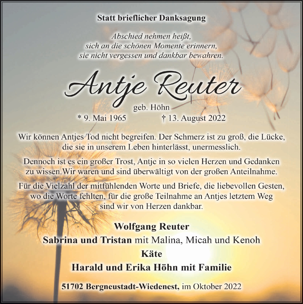  Traueranzeige für Antje Reuter vom 07.10.2022 aus  Anzeigen Echo 
