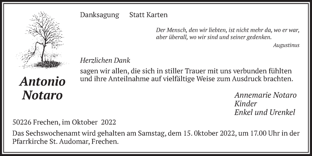  Traueranzeige für Antonio Notaro vom 07.10.2022 aus  Wochenende 