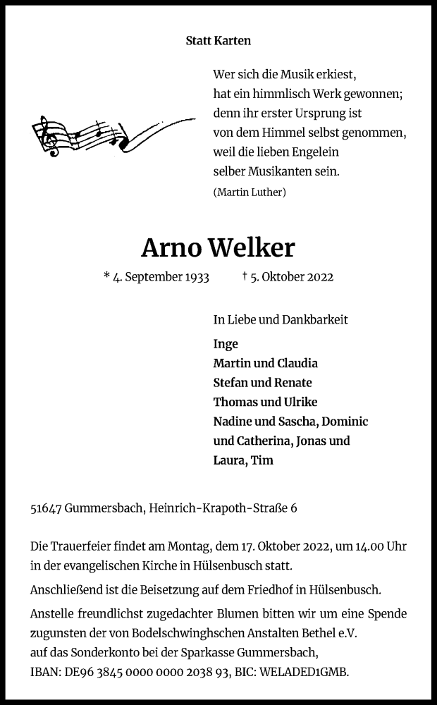  Traueranzeige für Arno Welker vom 08.10.2022 aus Kölner Stadt-Anzeiger / Kölnische Rundschau / Express