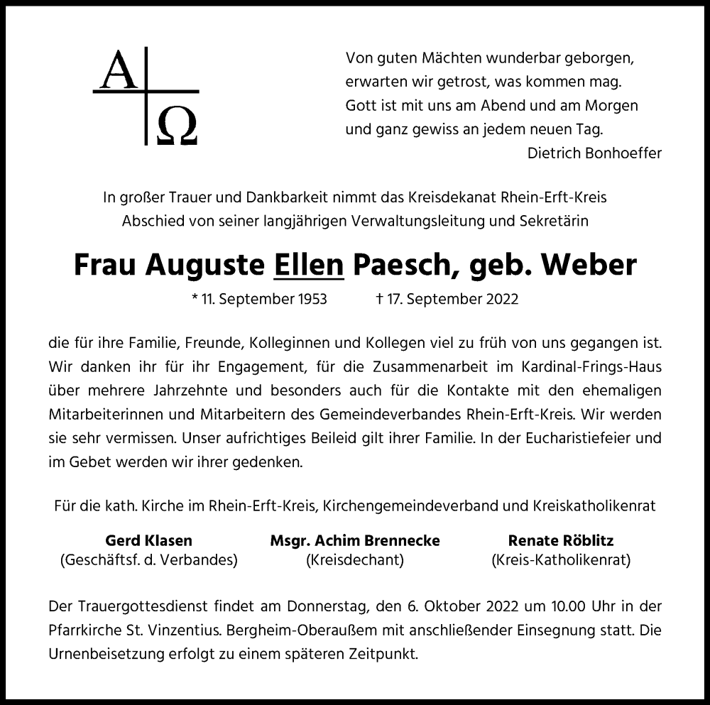  Traueranzeige für Auguste Ellen Paesch vom 01.10.2022 aus Kölner Stadt-Anzeiger / Kölnische Rundschau / Express