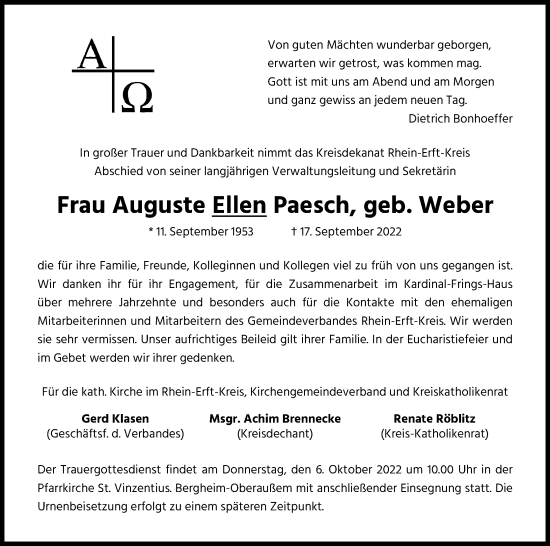 Anzeige von Auguste Ellen Paesch von Kölner Stadt-Anzeiger / Kölnische Rundschau / Express