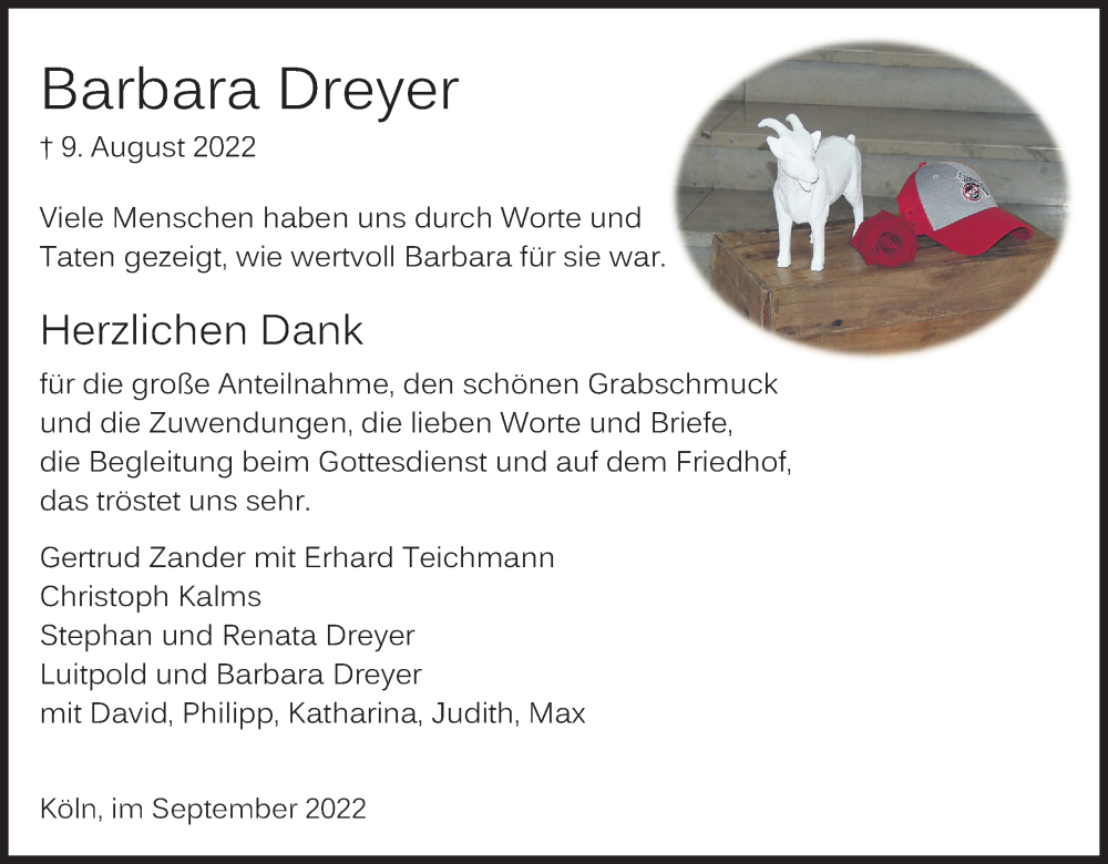  Traueranzeige für Barbara Dreyer vom 01.10.2022 aus Kölner Stadt-Anzeiger / Kölnische Rundschau / Express