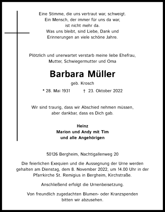 Anzeige von Barbara Müller von Kölner Stadt-Anzeiger / Kölnische Rundschau / Express