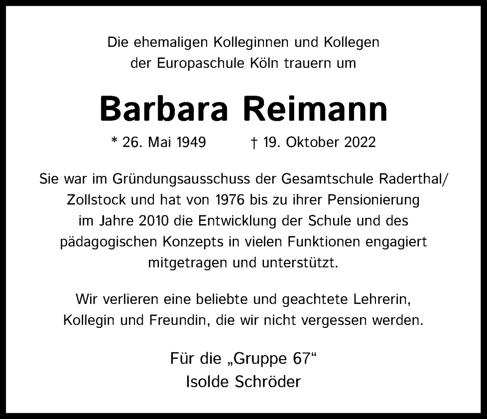  Traueranzeige für Barbara Reimann vom 22.10.2022 aus Kölner Stadt-Anzeiger / Kölnische Rundschau / Express