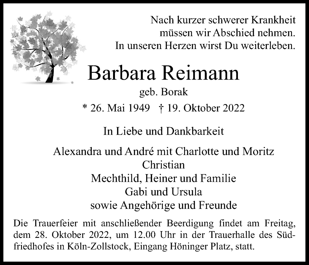 Traueranzeige für Barbara Reimann vom 22.10.2022 aus Kölner Stadt-Anzeiger / Kölnische Rundschau / Express