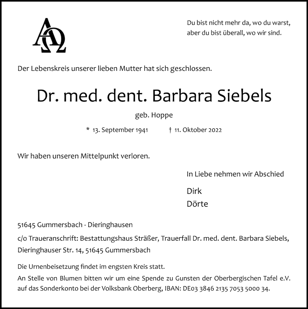  Traueranzeige für Barbara Siebels vom 21.10.2022 aus  Anzeigen Echo 