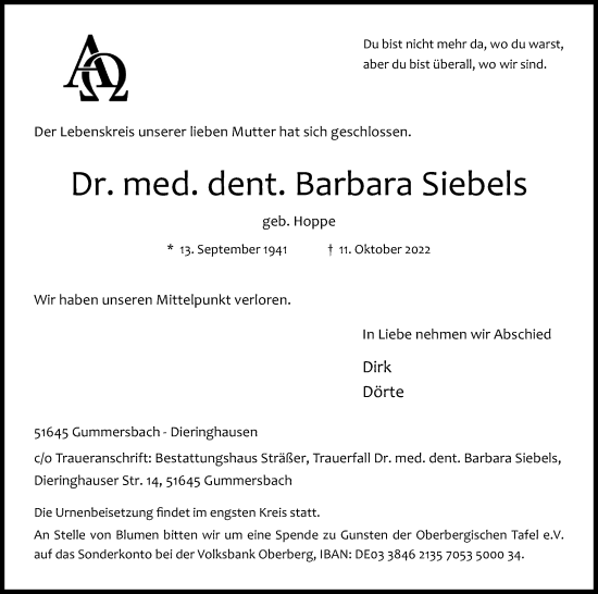 Anzeige von Barbara Siebels von Kölner Stadt-Anzeiger / Kölnische Rundschau / Express