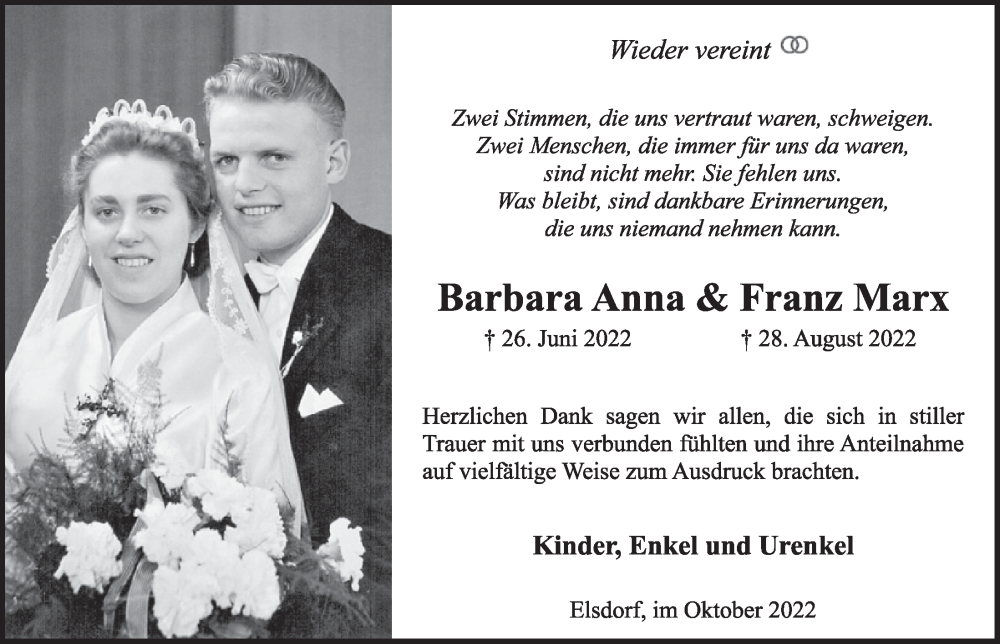  Traueranzeige für Barbara Anna Marx vom 21.10.2022 aus  Werbepost 