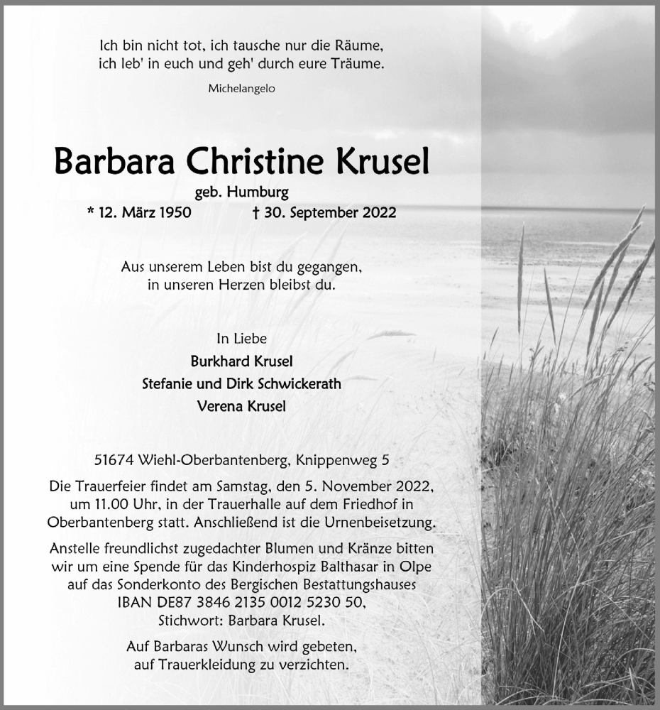  Traueranzeige für Barbara Christine Krusel vom 14.10.2022 aus  Anzeigen Echo 
