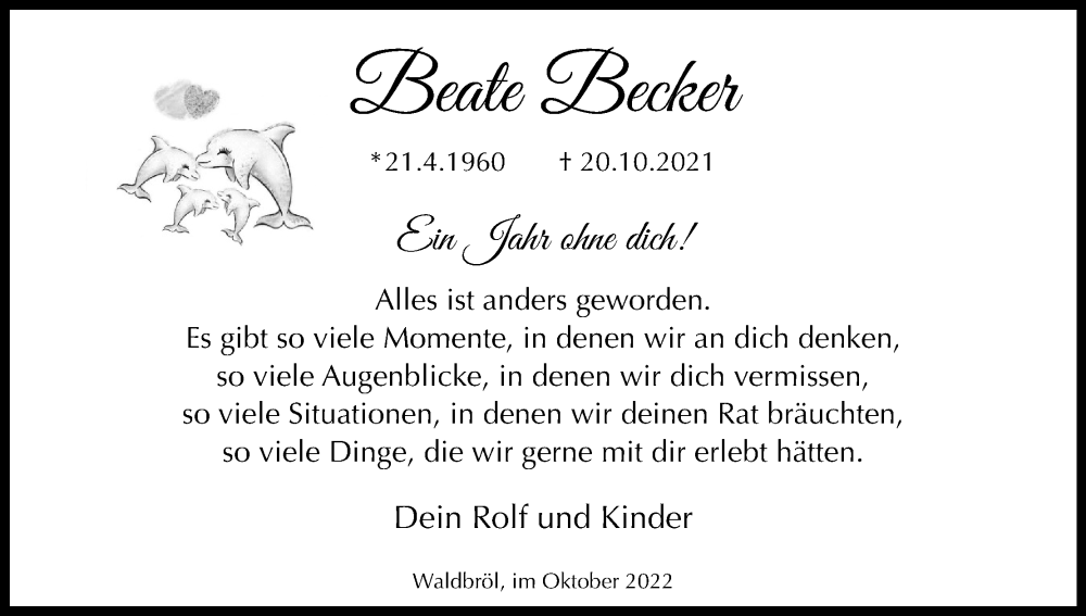  Traueranzeige für Beate Becker vom 29.10.2022 aus Kölner Stadt-Anzeiger / Kölnische Rundschau / Express