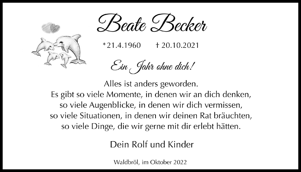  Traueranzeige für Beate Becker vom 28.10.2022 aus  Lokalanzeiger 