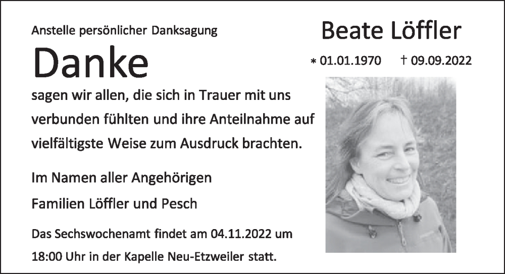  Traueranzeige für Beate Löffler vom 28.10.2022 aus  Werbepost 