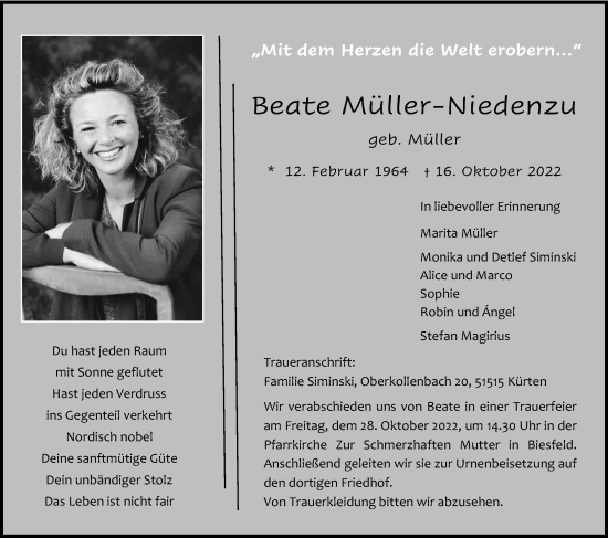 Anzeige von Beate Mütter-Niedenzu von Kölner Stadt-Anzeiger / Kölnische Rundschau / Express