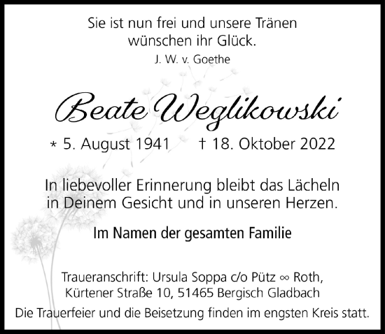 Anzeige von Beate Weglikowski von  Bergisches Handelsblatt 
