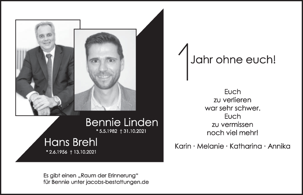  Traueranzeige für Bennie Linden vom 14.10.2022 aus  Werbepost 