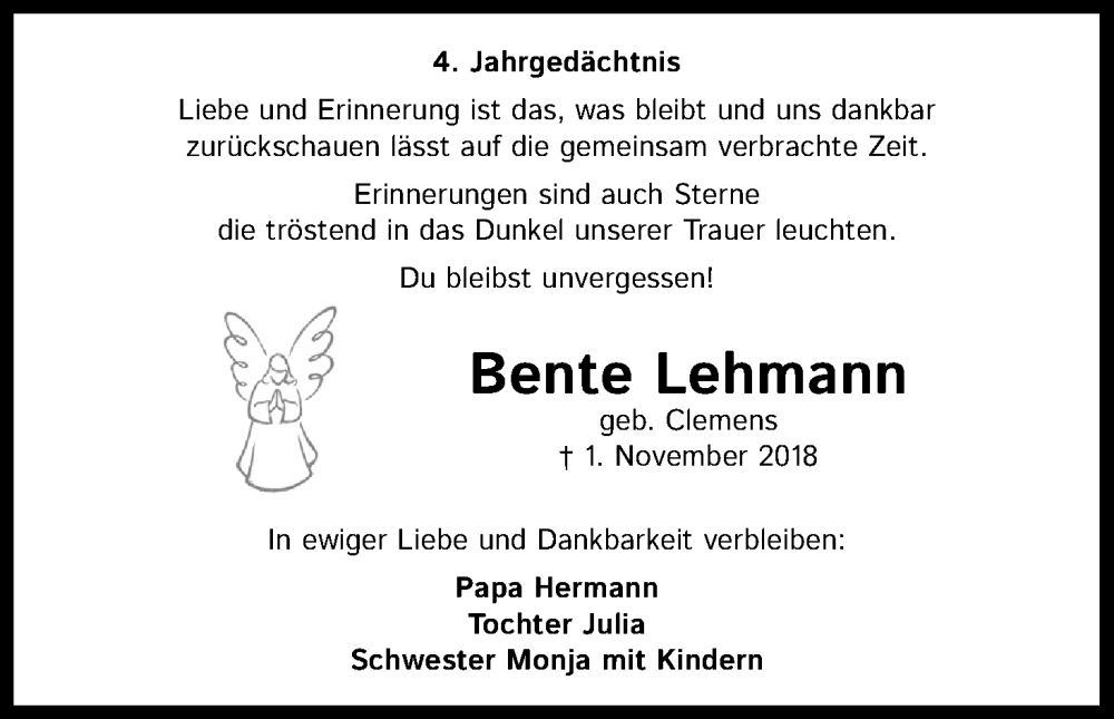  Traueranzeige für Bente Lehmann vom 01.11.2022 aus Kölner Stadt-Anzeiger / Kölnische Rundschau / Express