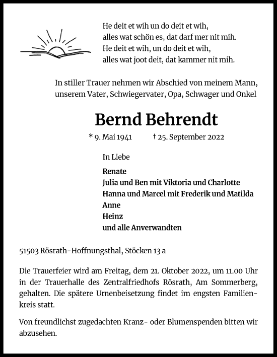Anzeige von Bernd Behrendt von Kölner Stadt-Anzeiger / Kölnische Rundschau / Express
