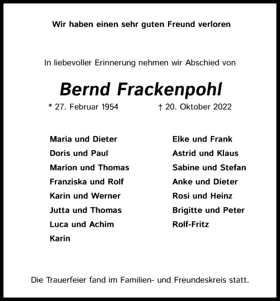 Anzeige von Bernd Frackenpohl von Kölner Stadt-Anzeiger / Kölnische Rundschau / Express